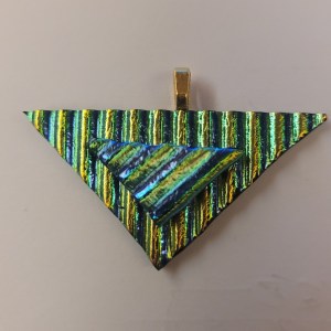 Fused Dichroic Glass Triangle Pendant in Gold. Green and Turquoise