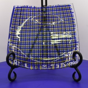 Woven Fused Glass Dish (over 150 pieces of glass stringers - yellow, blue, red).