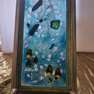 Penguins Under a Winter Sky Framed Fused Glass