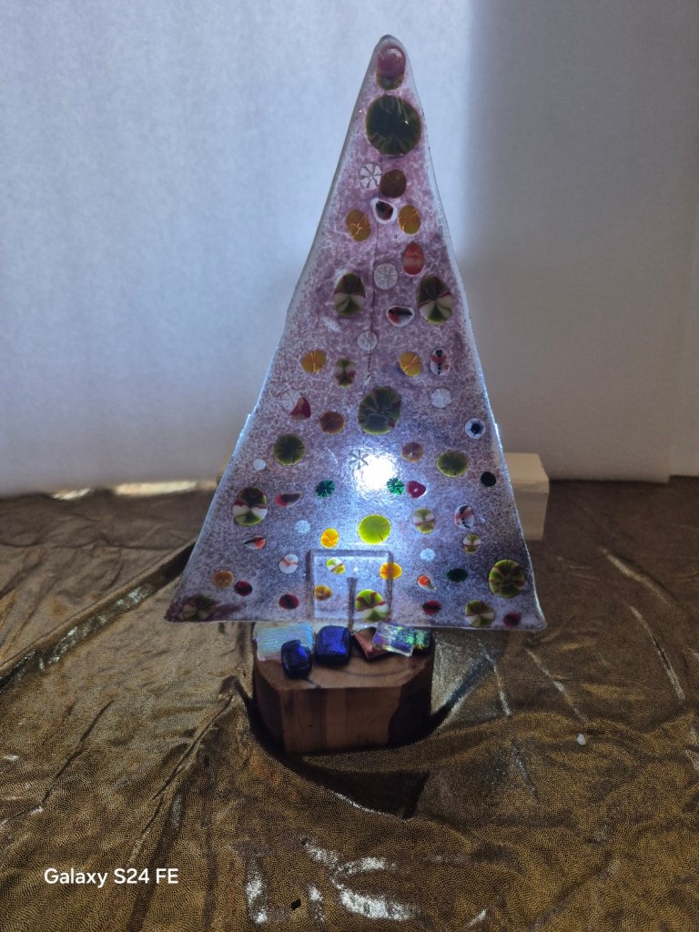 Christmas Tree With Decorations, Presents, and Stand Fused Glass